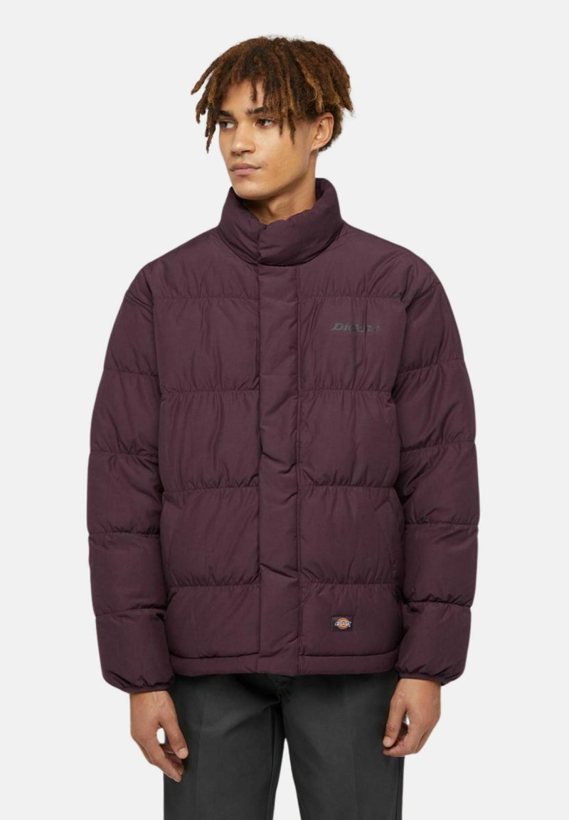 Giacca a vento bordeaux con collo alto, forma quadrata e texture trapuntata. Presenta il logo sul petto e un'etichetta laterale. Finitura opaca.