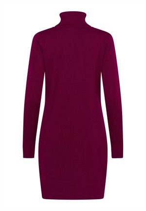 Sweater à col roulé pour homme en bourgogne profond, avec un col et des poignets côtelés, des manches longues, une coupe ajustée, une texture tricotée lisse et une longueur jusqu'aux genoux.
