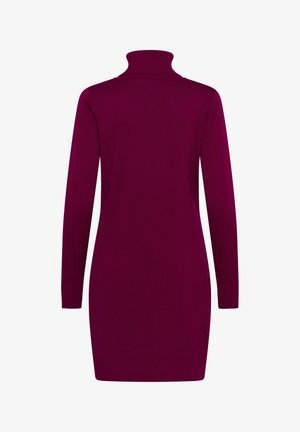 Herrtkaktröja i djupt burgundy, ribbad krage och manschetter, långa ärmar, åtsittande design, slät stickad textur, knä-längd.