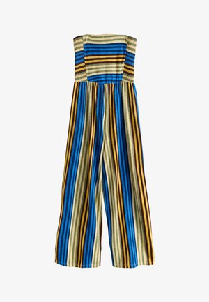 Rihmadeta kombinesoon laiade pükste ja vertikaalsete triipudega sinises, rohelises, kollases ja pruunis tekstuurse kangaga.