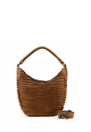 Braune Schultertasche mit Textur, horizontalen Plisseefalten, gebogenem oberen Griff und abnehmbarem, verstellbarem Riemen, der daneben liegt.