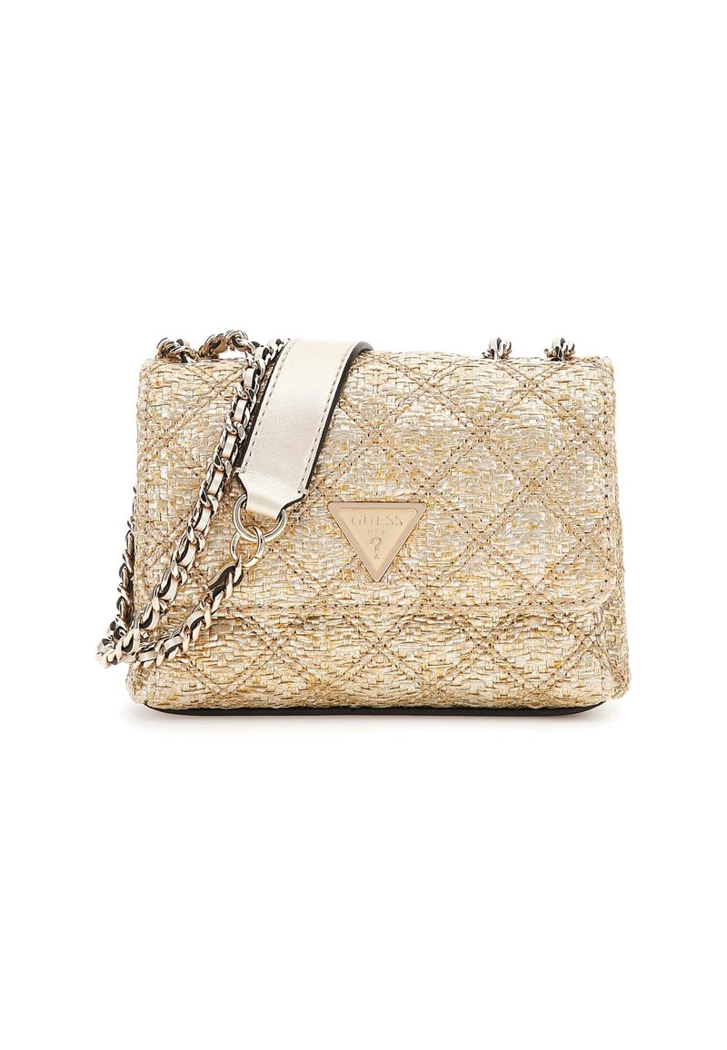 A quilted gold handbag with a chain strap, featuring a logo plaque and intricate woven texture, positioned on a white background.