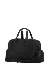 Borsa a duffel nera in nylon con doppie maniglie, cintura regolabile e tasca laterale in rete. Presenta cinturini decorati con il logo e un design strutturato e rettangolare.