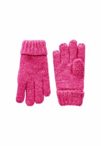 Gants tricotés rose avec un poignet côtelé. Texture douce avec un motif mélangé de fils roses plus clairs et plus foncés. Design à cinq doigts.