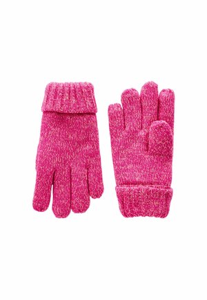 Gants tricotés rose avec un poignet côtelé. Texture douce avec un motif mélangé de fils roses plus clairs et plus foncés. Design à cinq doigts.