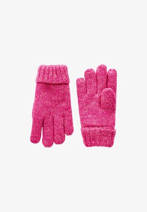 Rozā adītas cimdi ar ribotu aproci. Mīksta tekstūra ar jauktu rakstu, kurā ir gaišākas un tumšākas rozā diegu krāsas. Piecu pirkstu dizains.