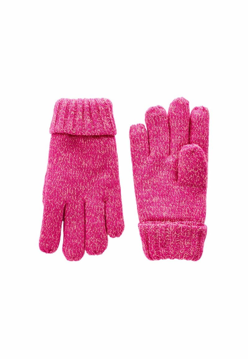 Gants tricotés rose avec un poignet côtelé. Texture douce avec un motif mélangé de fils roses plus clairs et plus foncés. Design à cinq doigts.