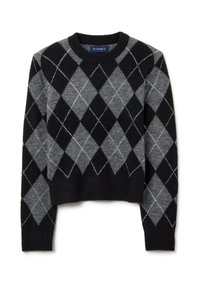 Zwart en grijs argyle-patroon trui met een ronde halslijn, geribbelde manchetten en zoom, gemaakt van zachte wolmixstof. Merklabel binnenin de kraag.