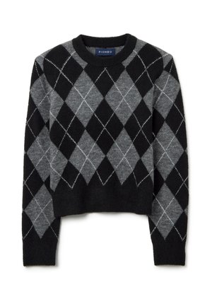 Suéter de patrón argyle en negro y gris con cuello redondo, puños y dobladillo acanalados, hecho de una suave mezcla de lana. Etiqueta de marca en el interior del cuello.