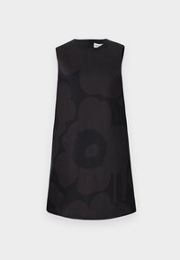 Black sleeveless dress featuring a floral pattern in varying shades of black. Round neckline and A-line silhouette with a zip closure at the back.