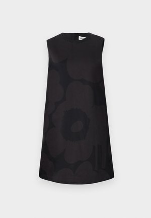 Black sleeveless dress featuring a floral pattern in varying shades of black. Round neckline and A-line silhouette with a zip closure at the back.