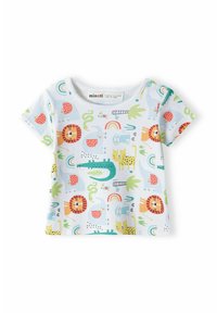 Kortärmad barnskjorta i ljusblått tyg med färgglada, lekfulla mönster av djur och frukter, med rund halsringning och mjuk textur.