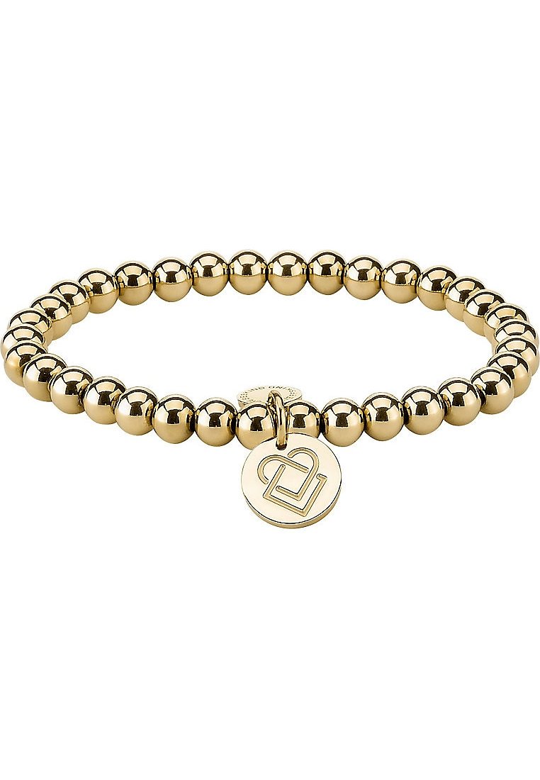 Gouden kralenarmband met een gladde, ronde vorm en een ronde hanger met een verweven ontwerp. Hoogglansafwerking en een uniforme textuur.