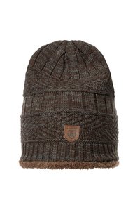 Brown knitted beanie with a textured pattern and a faux-fur cuff. Features a brown leather logo patch on the front.