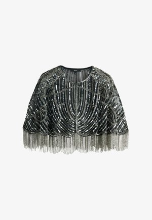 Schwarzer transparenter Umhang mit silbernen Pailletten, Perlenverzierungen in kunstvollen Mustern und langen metallischen Fransen entlang des unteren Saums.