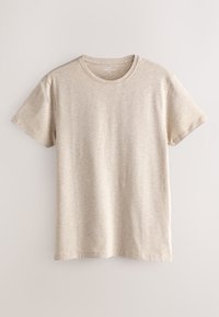 Beiges Baumwoll-T-Shirt mit kurzen Ärmeln, rundem Ausschnitt und glatter Textur. Keine sichtbaren Muster oder Logos, mit einfachem Design.