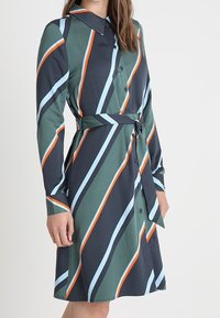 Paitsi pitkähihaista kauluspaitaa, jossa on vihreitä, sinisiä, oransseja ja mustia pystysuoria raitoja, vyötärön ympäri vyötä ja pitkät hihat.