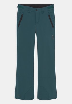 Vandafvisende teal skibukser med lige pasform, der har sorte lynlåslommer og forstærkede underben. Blød tekstur.