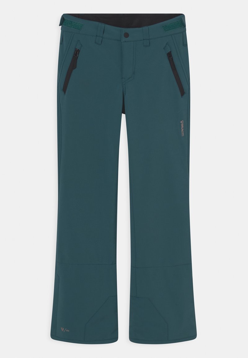 Pantalon de ski teal résistant à l'eau avec une coupe droite, doté de poches zippées noires et de bas de jambes renforcés. Texture douce.