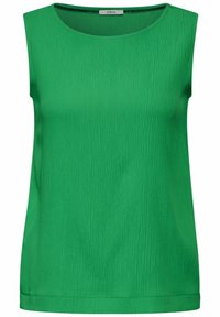 Grön ärmlös topp med en texturerad yta, rund halsringning, rak nederkant och utan synliga knäppningar eller dekorationer.