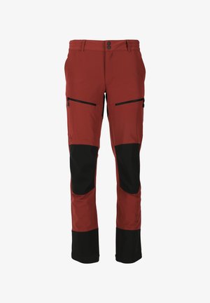 Red ski pants with black accents, featuring a tapered shape, two zippered pockets, durable fabric, and reinforced knee sections.