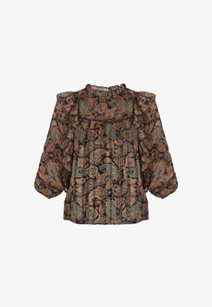 Ruskea kuviollinen pusero puffihihoilla, rypytetyllä kaula-aukolla ja paisley-kuviolla teal- ja ruosteväreissä. Kevyt, läpikuultava kangas.