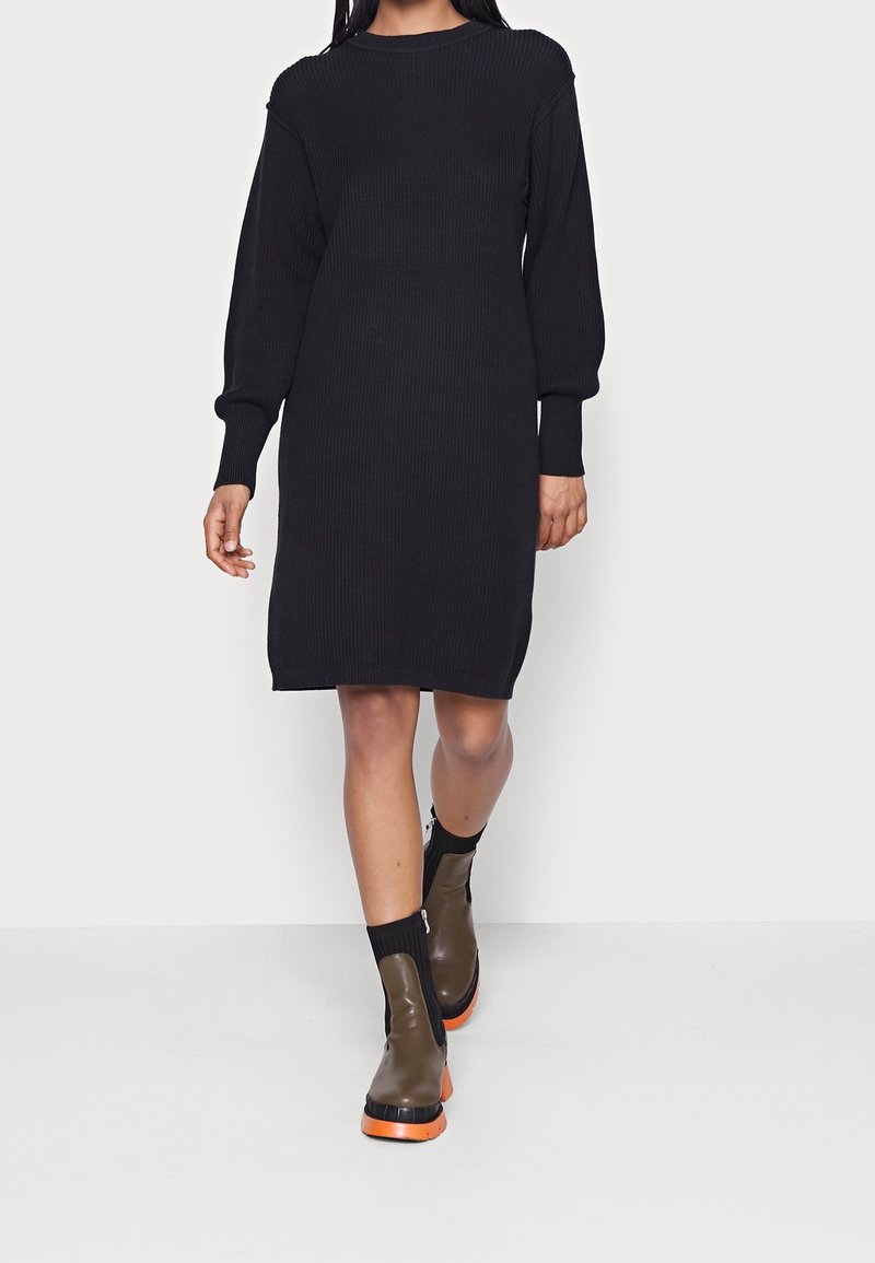 black knit fit and flare dresses Nora Milano Knit Short Sleeved Fit-And-Flare Midi Dress; Black M