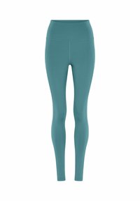 Türkisfarbene, hoch taillierte nahtlose Leggings mit glattem Finish und enganliegendem, knöchellangem Design.