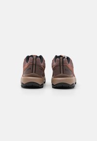 Brown trail running shoes with mesh and synthetic upper, black accents, padded collar, and textured outsole for traction.