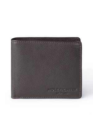 Dark brown leather wallet with embossed "HOLZRICHER BERLIN" logo, textured surface, and visible stitching along edges.