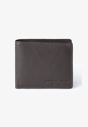 Dark brown leather wallet with embossed "HOLZRICHER BERLIN" logo, textured surface, and visible stitching along edges.