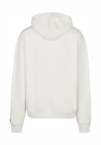 Hvid hættetrøje med en afslappet pasform, kengurulomme, ribbede manchetter og kant, glat overflade og minimal branding på ærmet.