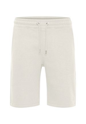 Lys grå bomullsshorts med elastisk midje, snor, sidelommer og sydd søm. Glatt tekstur, kne-lengde.