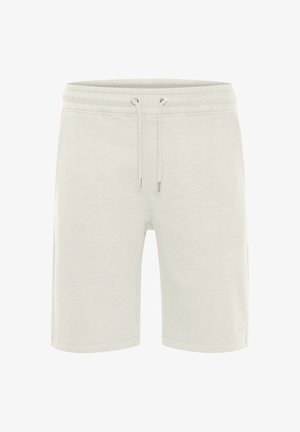 Lys grå bomullsshorts med elastisk midje, snor, sidelommer og sydd søm. Glatt tekstur, kne-lengde.