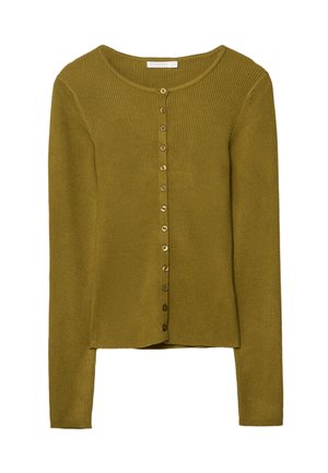 Cardigan a coste, con maniche lunghe, in verde oliva, caratterizzato da un colletto rotondo e bottoni color oro sul davanti. Texture morbida.