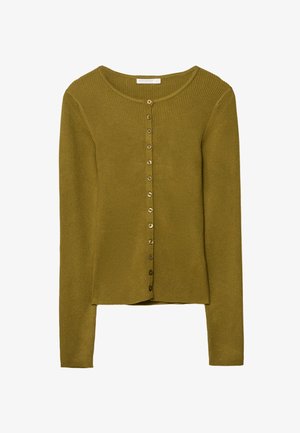 Ribbed, long-sleeve cardigan in olive green, featuring a round neckline and gold-colored buttons down the front. Soft texture.