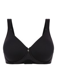 Reggiseno nero con tessuto liscio, coppe sagomate, spalline regolabili e un accent centrale con dettaglio metallico. Design classico con chiusura a gancio.