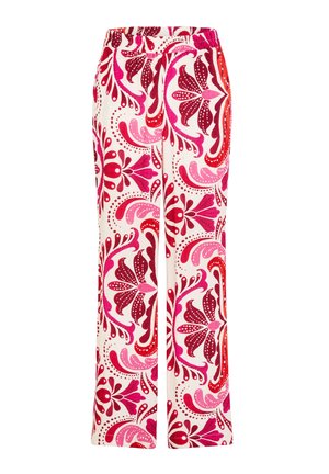 Wide-leg trousers with an elastic waistband, featuring a vibrant floral pattern in shades of pink and red on a white background.