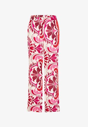 Wijde broek met een elastische tailleband, voorzien van een levendig bloemenpatroon in tinten roze en rood op een witte achtergrond.