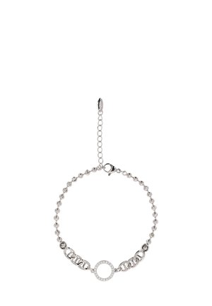 Zilveren armband met een combinatie van verbonden schakels en een ronde hanger versierd met kleine, heldere kristallen. Verstelbare sluiting.