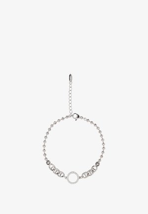 Zilveren armband met een combinatie van verbonden schakels en een ronde hanger versierd met kleine, heldere kristallen. Verstelbare sluiting.