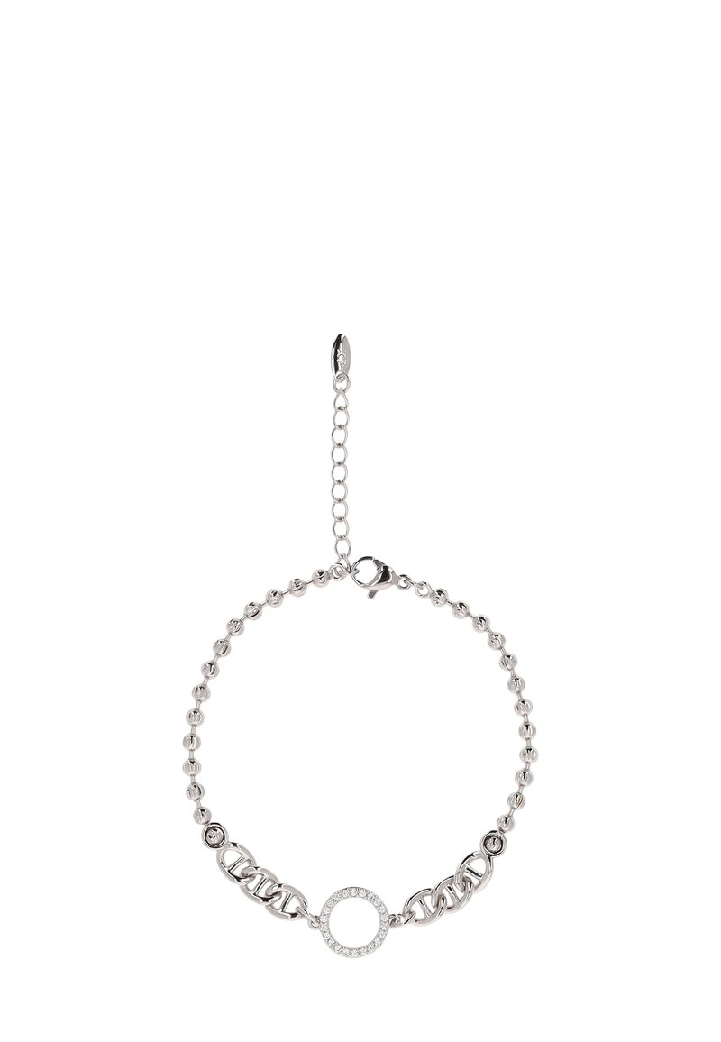 Sølvarmbånd med en kombination af sammenkoblede kæder og en rund vedhæng dekoreret med små klare krystaller. Justerbar lukning.