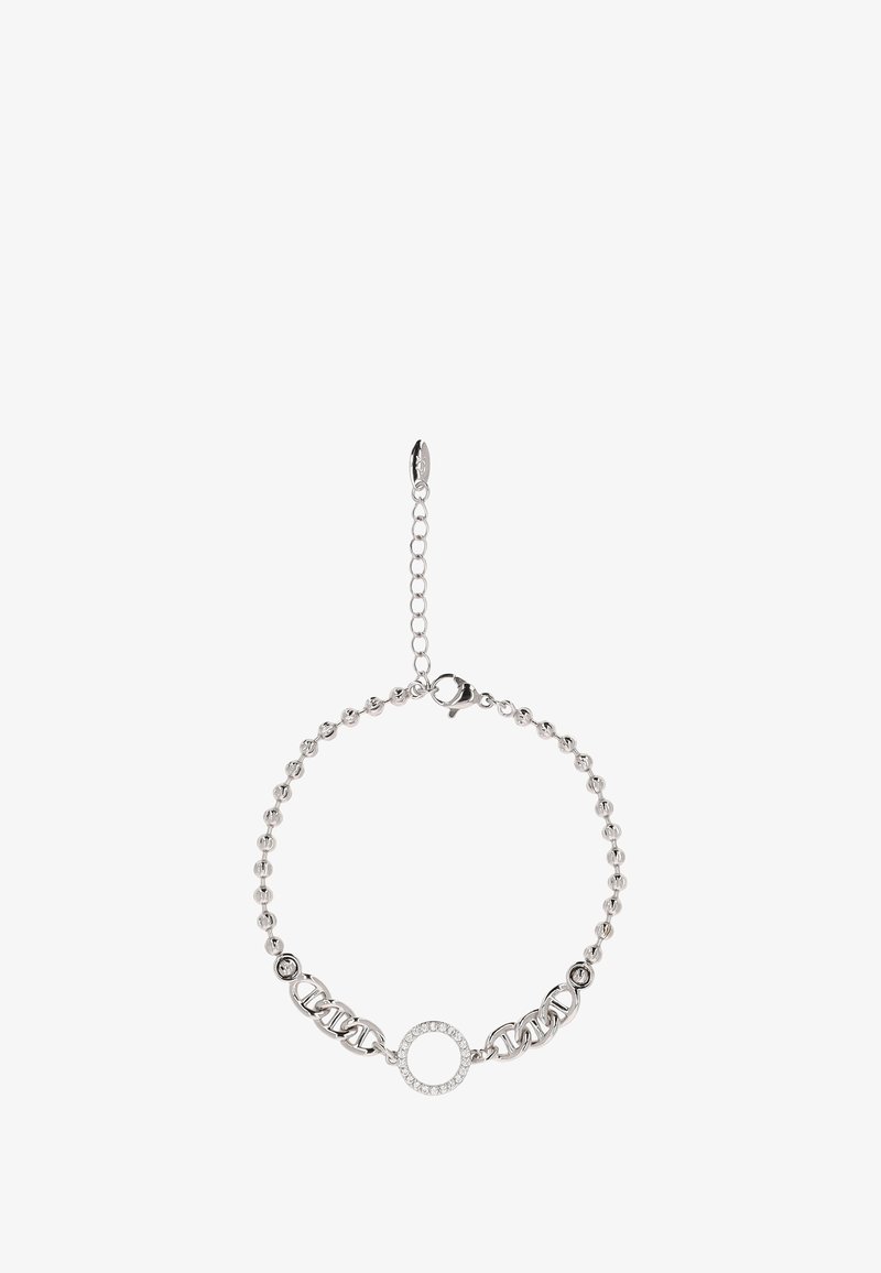 Srebrna bransoletka łącząca łańcuszki i okrągły wisiorek zdobiony małymi, przezroczystymi kryształkami. Regulowane zapięcie.