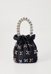 Black satin handbag with a gathered top, beaded handle, and multi-colored floral embellishments across the surface.