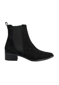 Botas de tobillo de ante negro con paneles laterales elásticos, punta afilada y un tacón bajo en bloque. Textura suave con un acabado mate.