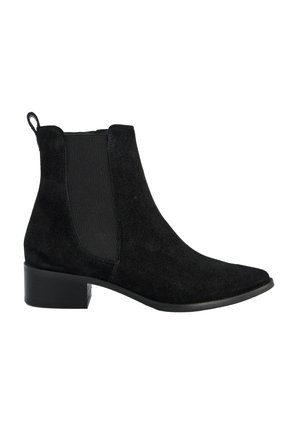 Schwarze Wildleder-Stiefeletten mit elastischen Seiteneinsätzen, spitzem Fuß und niedrigem Blockabsatz. Glatte Textur mit matter Oberfläche.