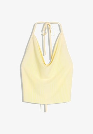 Svetložltý krátky top s halter výstrihom do hlbokého V a s viazačkami na krku a na chrbte.