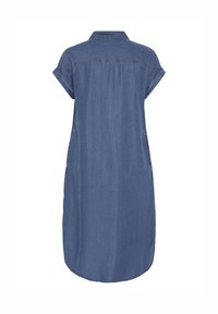 Kék farmer anyagú rövid ujjú ingruha klasszikus gallérral, egyenes hátpánttal és ívelt szegéllyel, hátulnézetből.