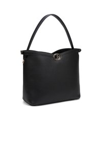 Sac fourre-tout en cuir noir avec une forme structurée, doté d'un dessus arrondi, d'une longue poignée et d'un accent logo doré à l'avant.