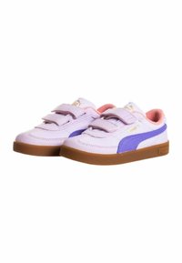 Sneakers per bambini in viola e rosa con cinturini in velcro, parte superiore in tessuto e sintetico, e suola in gomma. Presentano il marchio sul lato.